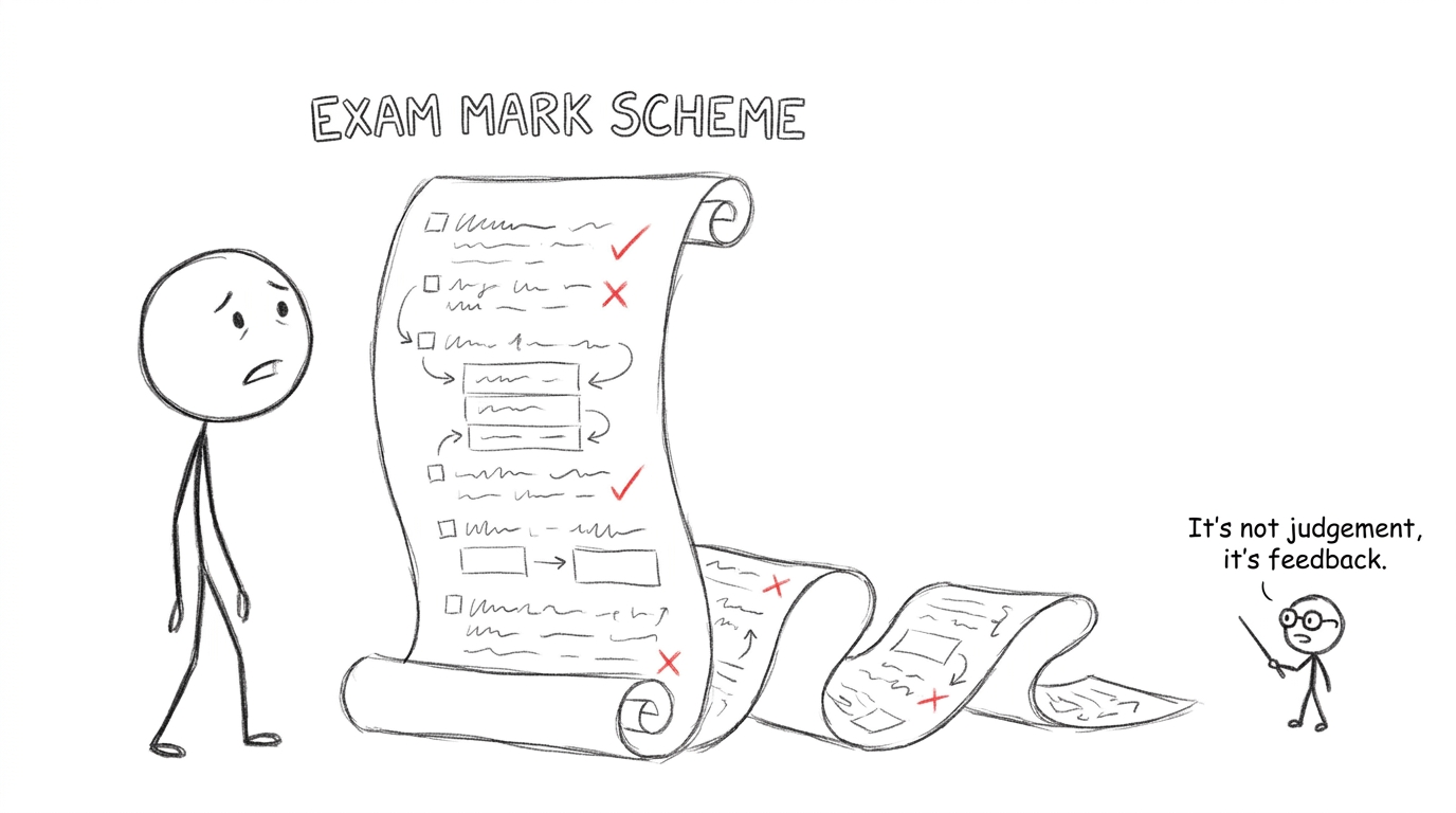 A student faces the mark scheme scroll