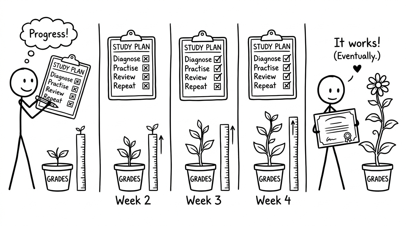 A checklist and a growing plant labelled grades