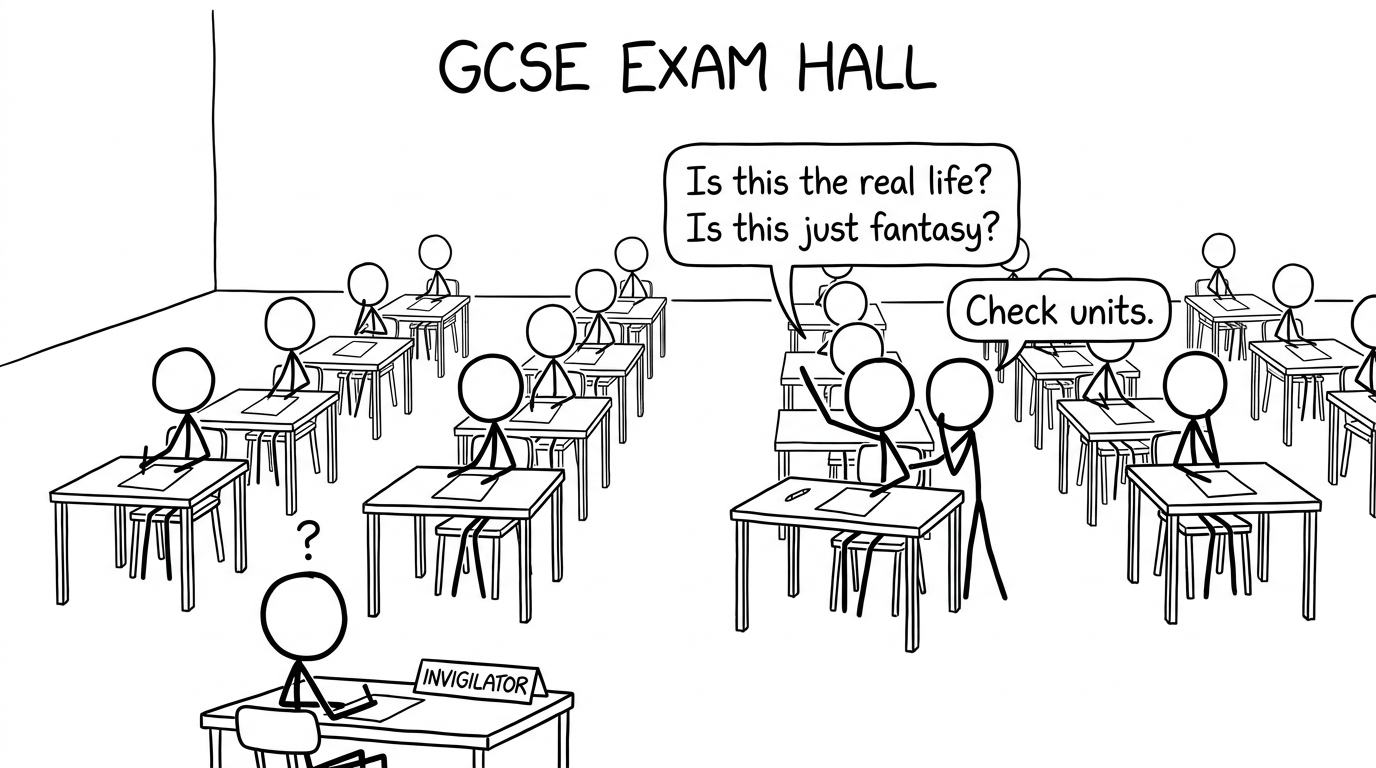 Exam hall: “Check units.”